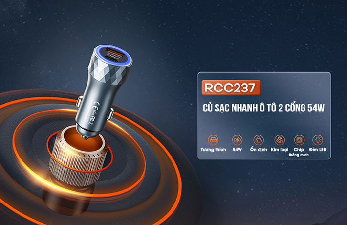 Củ sạc nhanh oto 2 cổng QC+PD 54W Remax RCC-237 