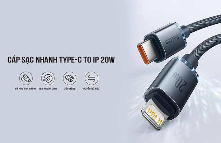 Cáp sạc nhanh Type C to Lightning 20W 2m Baseus CAJY000301