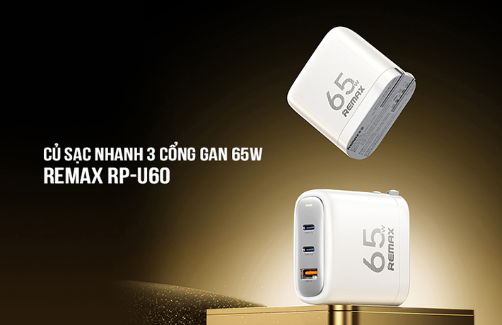 Củ sạc nhanh 3 cổng GaN 65W Remax RP-U60