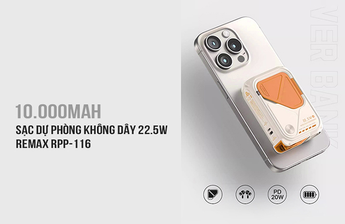 Sạc dự phòng không dây 4in1 10000mAh 22.5W Remax RPP-116