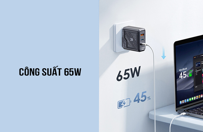 Củ sạc nhanh GaN 3 cổng 65W Remax RP-U108