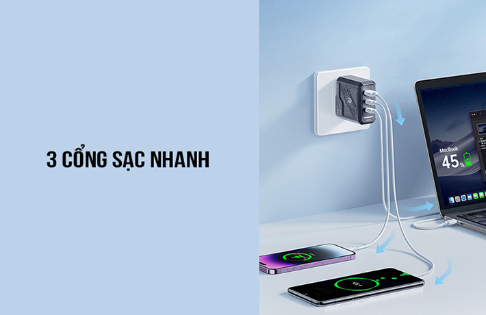 Củ sạc nhanh GaN 3 cổng 65W Remax RP-U108