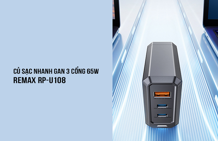 Củ sạc nhanh GaN 3 cổng 65W Remax RP-U108